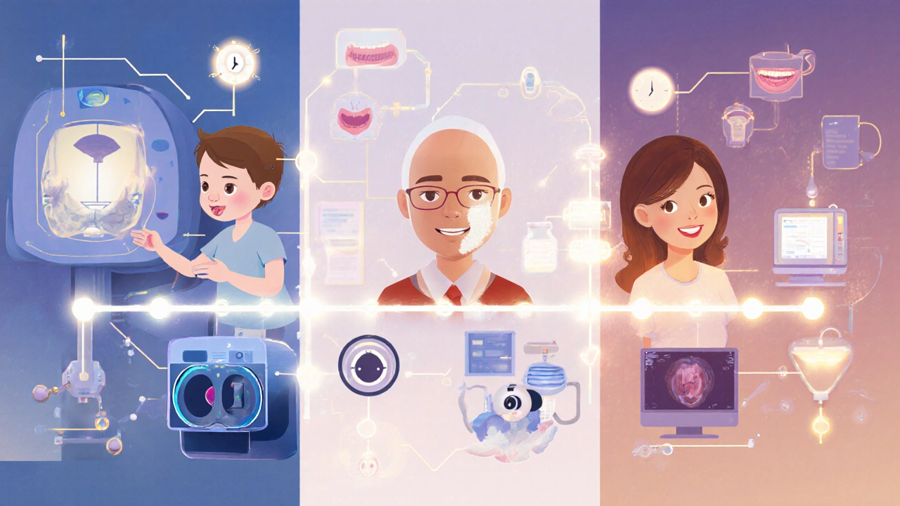 Tři pacienti: dítě s rozštěpem, trauma pacient a žena po estetické operaci, spojené technologií a chirurgickými nástroji.