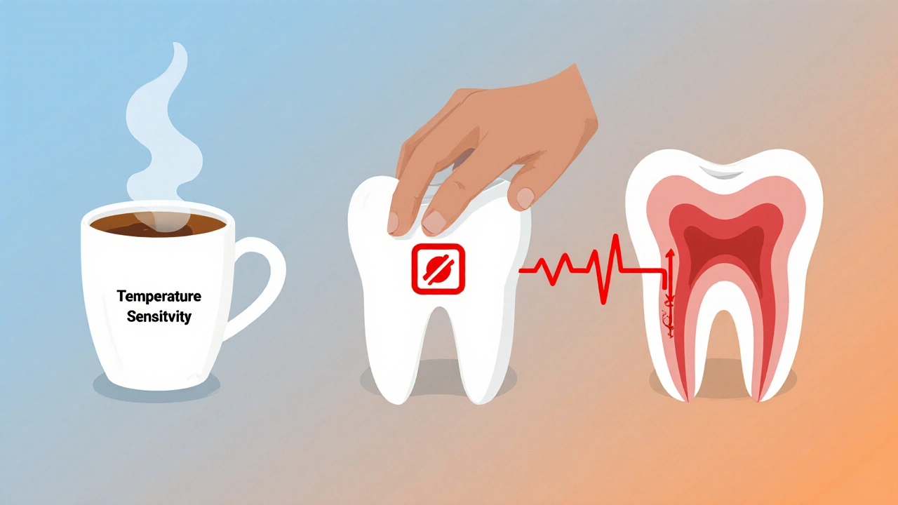 Tři symboly ukazující různé typy bolesti po korunce: teplota, tlak a pulzující bolest.
