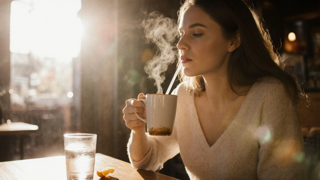 Žena pije kávu skrz slámku bez citronu v klidném prostředí.