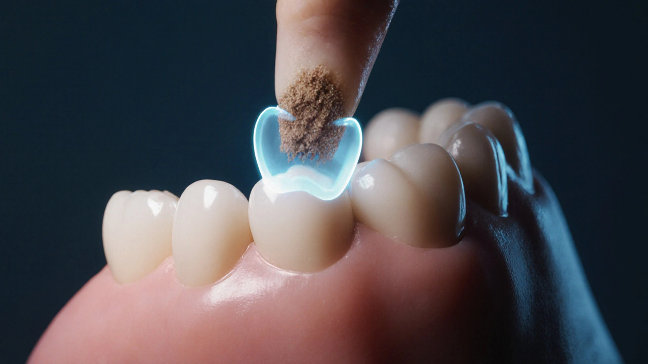 Zub s vystaveným kořenem a aplikovanou ochrannou vrstvou, symbolizující léčbu opotřebovaného zubu.