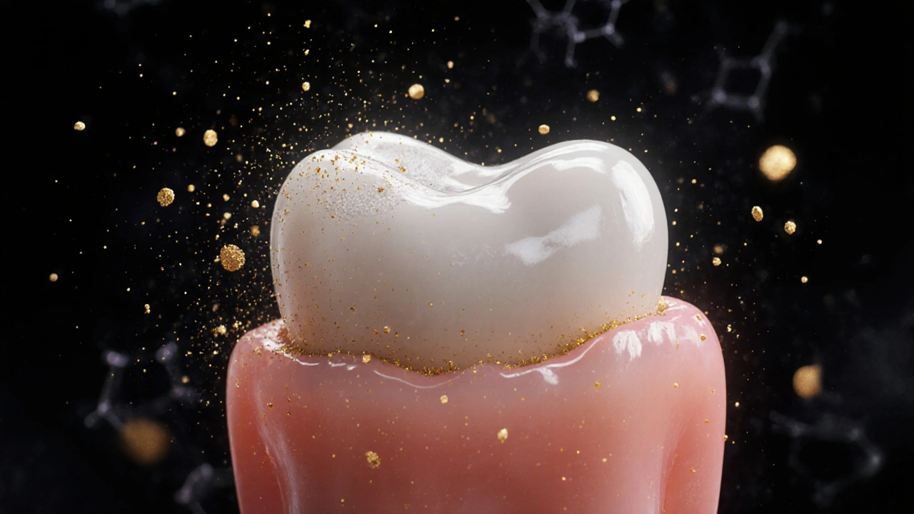 Zub se pomalu obnovuje z bělavé skvrny zpět na lesklou sklovinu s minerály v pohybu.