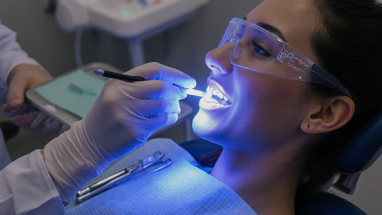 Zubař aplikuje bělící gel na zuby pacienta v klinice