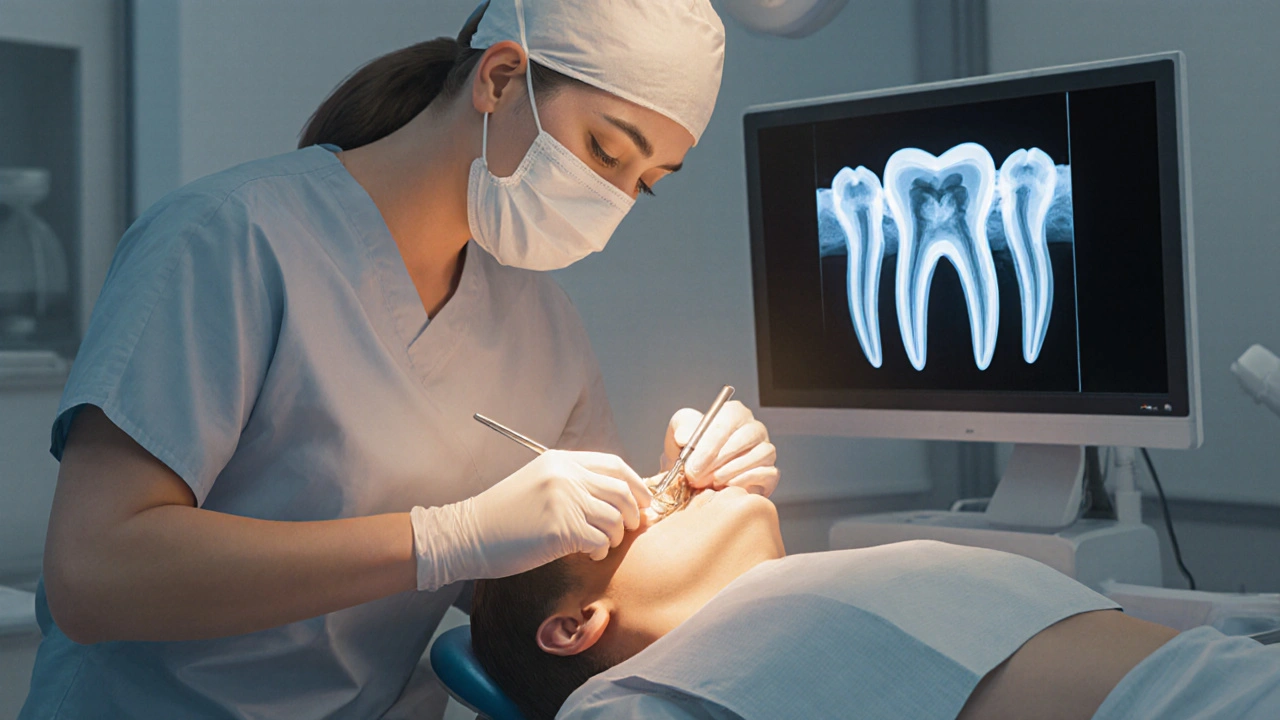 Zubař otevírá absces u předního zubu v klinice.