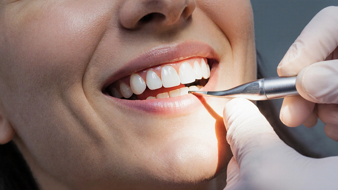 Zubař při instalaci fazety na řezný zub v moderní zubní klinice.