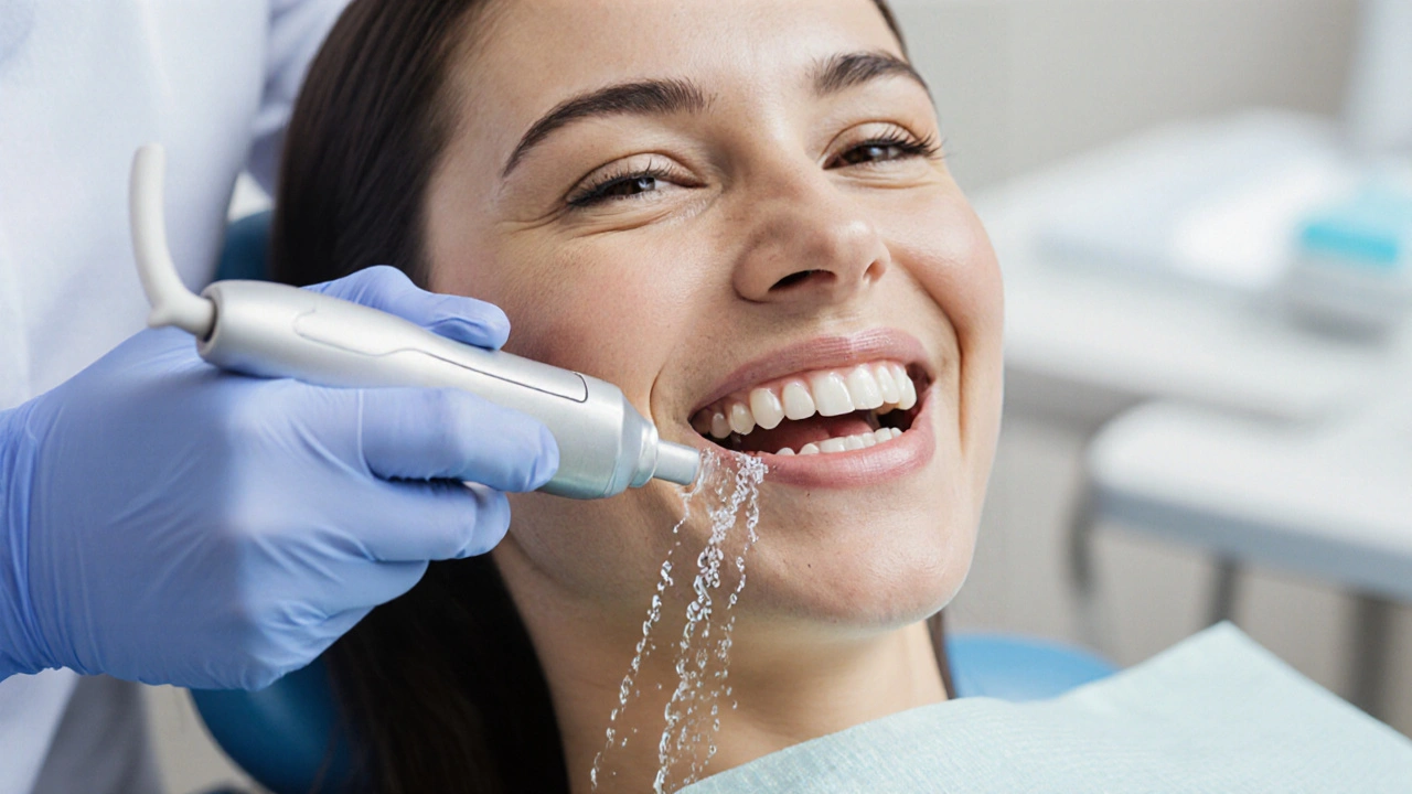 Zubní hygienistka odstraňuje kámen ultrazvukovým skrabákem v klinice.