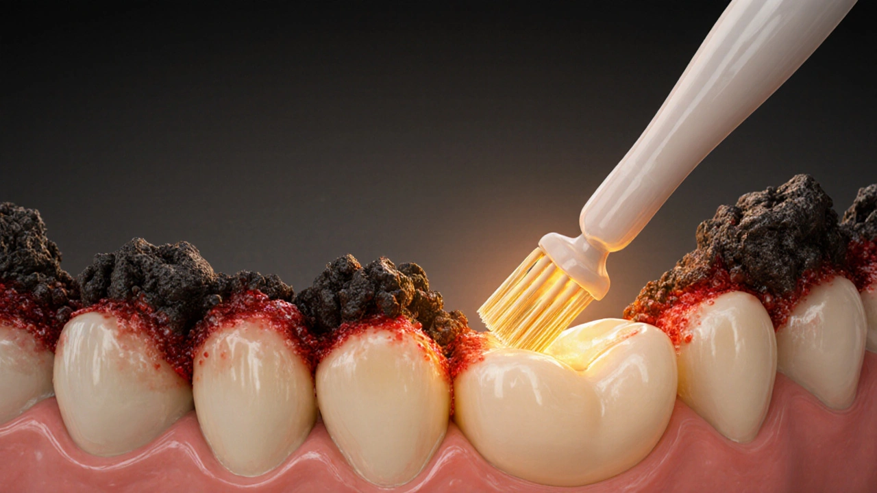 Zubní kámen rostoucí jako koral na zubech s červenými zánětlivými dásněmi