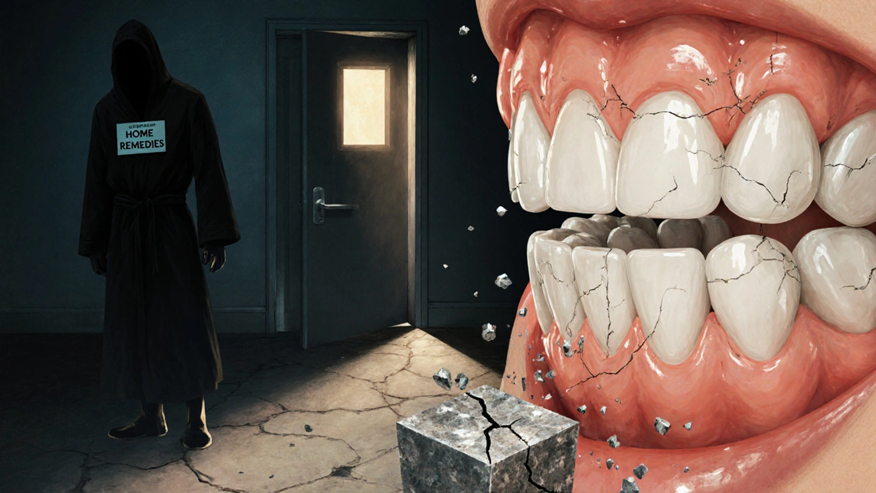 Zubní kámen se rozpadá, zuby se stávají hladkými, cesta k zubnímu lékaři.