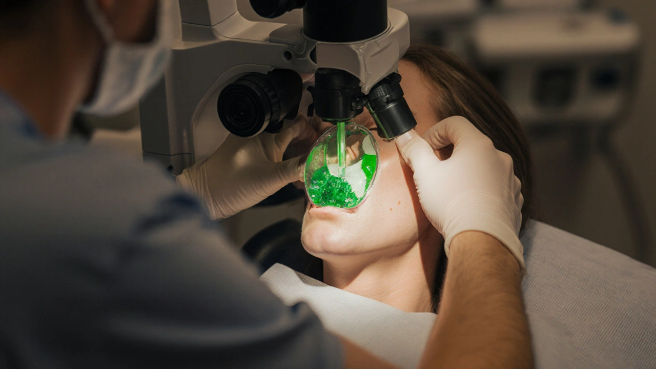 Zubní lékař provádí léčbu kořenových kanálů pomocí mikroskopu v moderní ordinaci.