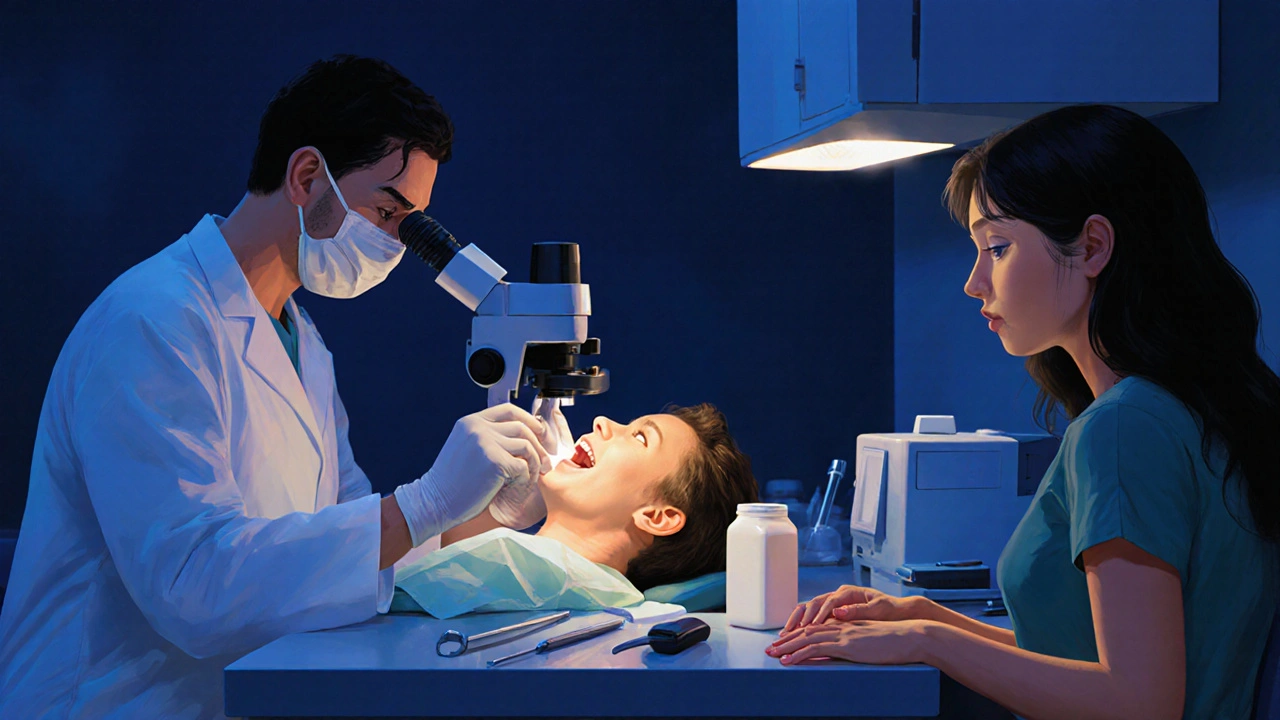 Zubní lékař znovu zasazuje zub pacientovi v nouzové ordinaci, rodina ho pozoruje.