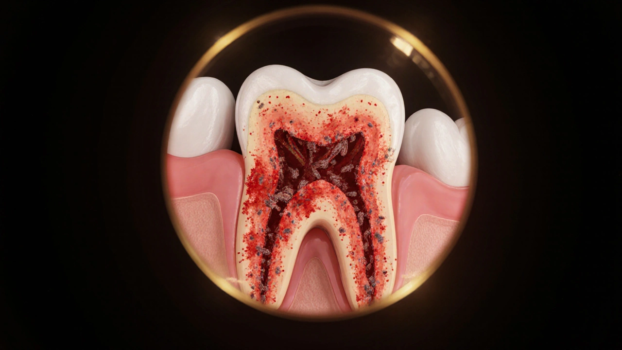 Zvětšený pohled na poškozený zub s viditelným zánětem v kořeni.