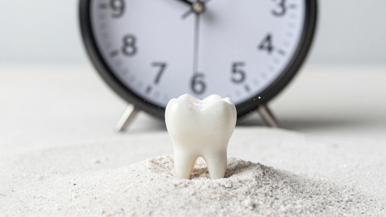 Čisté zuby vyklenuté z písku, symbolizující prevenci a obnovu zubního zdraví.