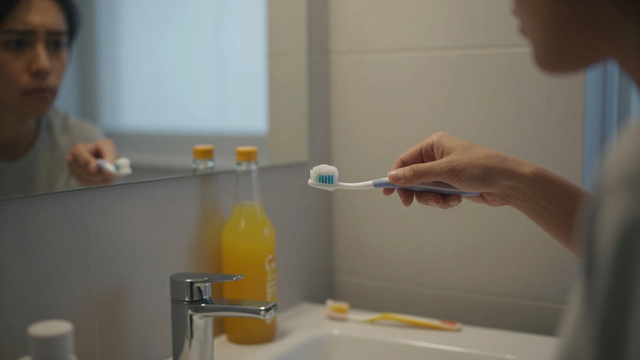 Člověk čistí zuby měkkým kartáčkem v koupelně s odhozeným tvrdým kartáčkem