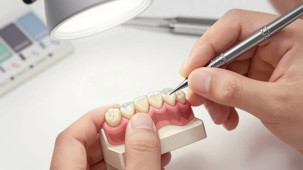 Dentální technik vrství keramiku pro vytvoření přirozeně vypadající fazety.