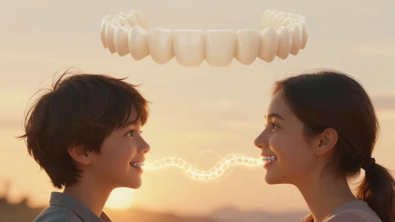 Dítě a dospělý s ortodontickými aparaturami, jejichž čelisti jsou spojeny světelnou cestou k dokonalému zarovnání zubů.