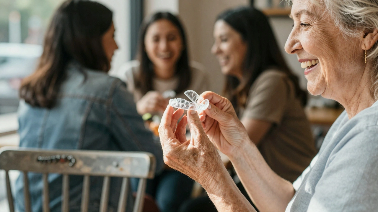 Dospělá žena drží transparentní retenci a směje se s přáteli v kavárně, rovnátka už odstraněna.