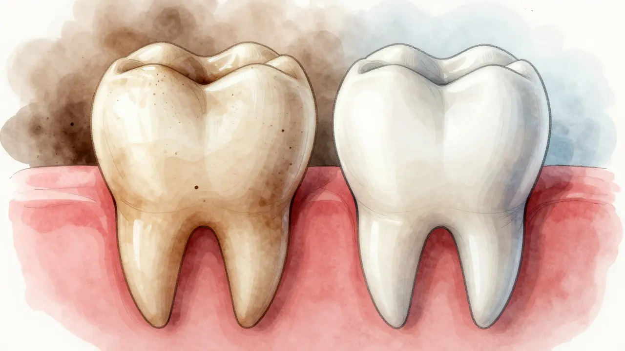Dva zuby vedle sebe: jeden se skvrnami, druhý po bělení s jasnější barvou.