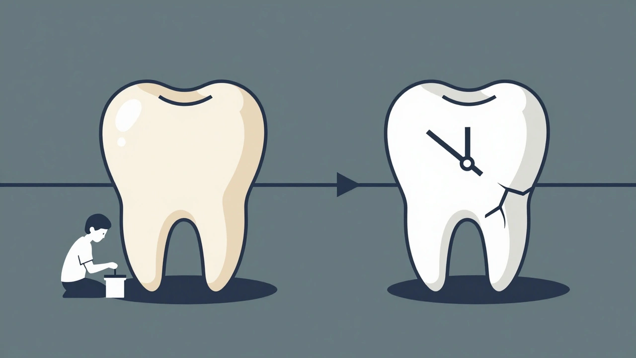 Dvě varianty zubu: zdravý a poškozený, symbolizující ztrátu produktivity.