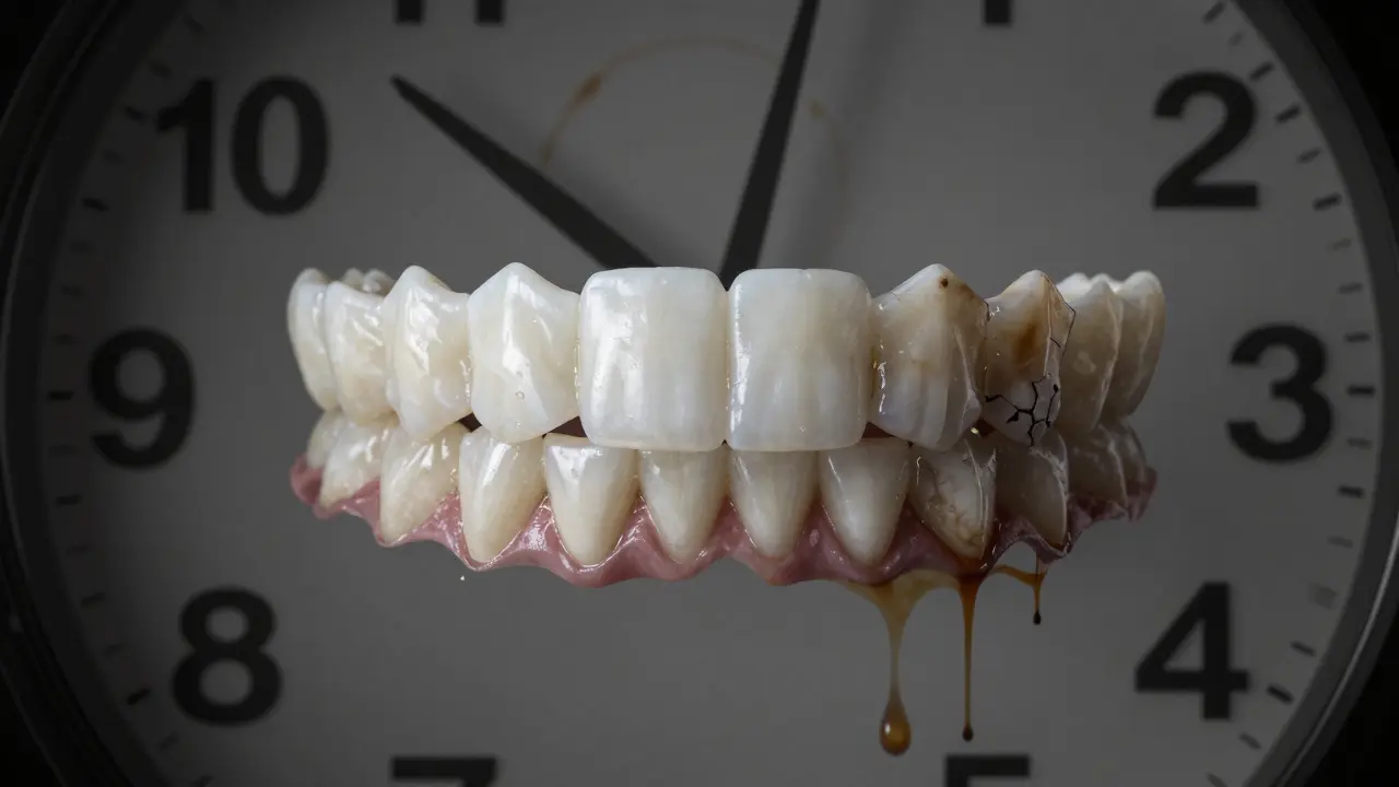 Hodiny na zubech: jedna polovina bílá po správném bělení, druhá šedivě mramorovaná po příliš častém používání.