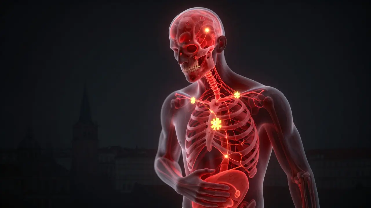 Konceptuální obrázek infekce zubu šířící se do obličeje a břicha.