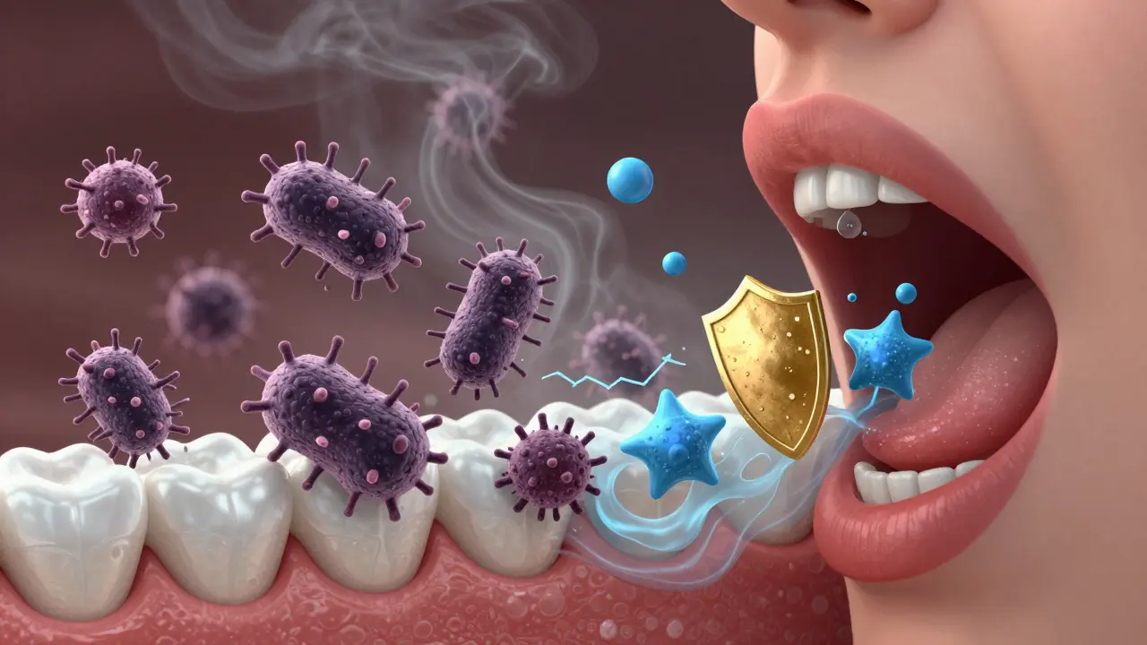 Konceptuální znázornění boje mezi bakteriemi, fluoridem a slinami v ústní dutině kuřáka.