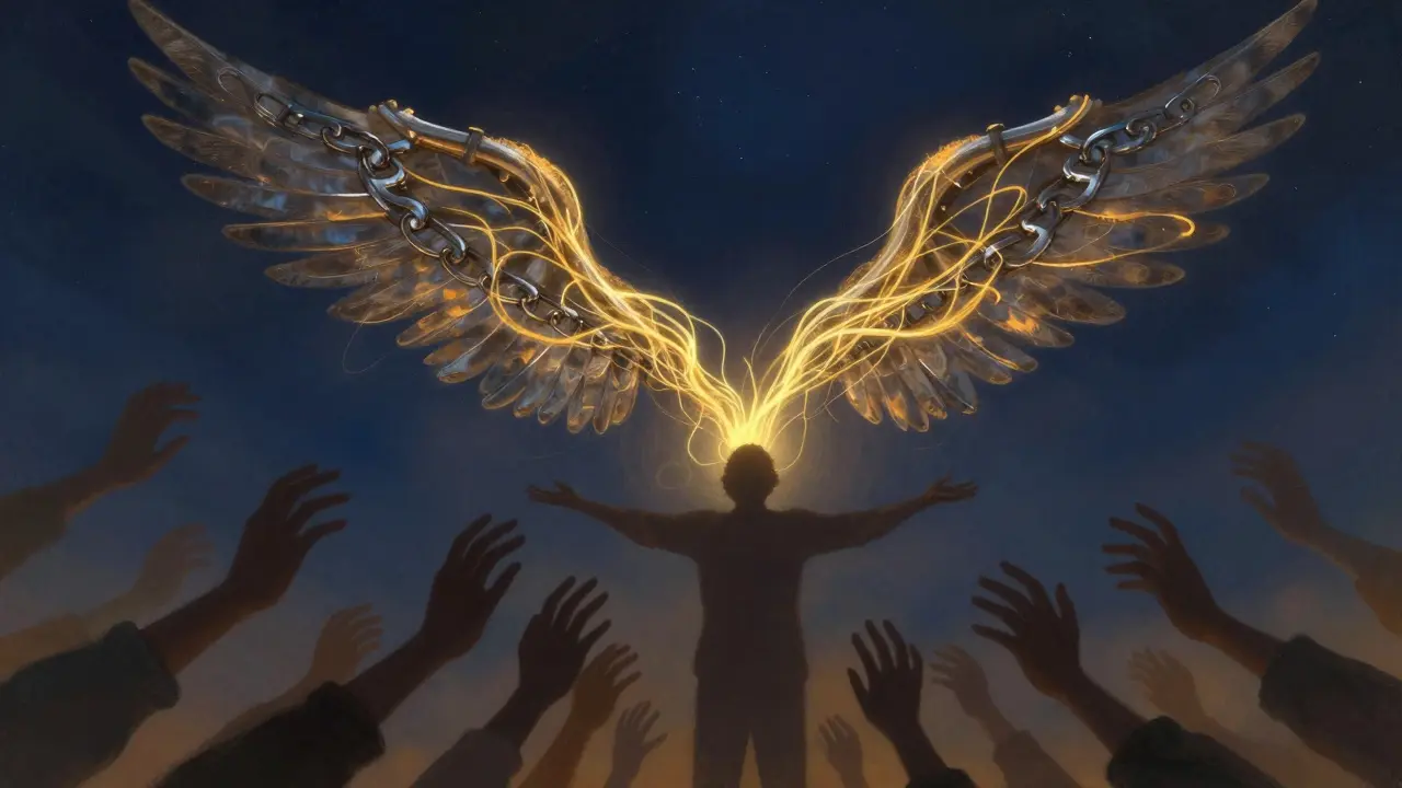 Kovové rovnátka se mění v zlaté nitky, které se vznášejí do nebe, symbolizujíce přeměnu sebevědomí.