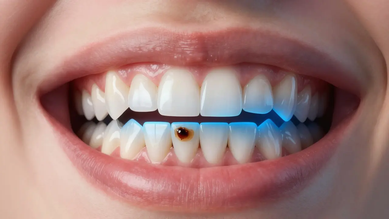 Křivka pronikání bělící látky do skloviny zubu, kde se rozkládají tmavé pigmenty, zatímco dásně reagují podrážděním.