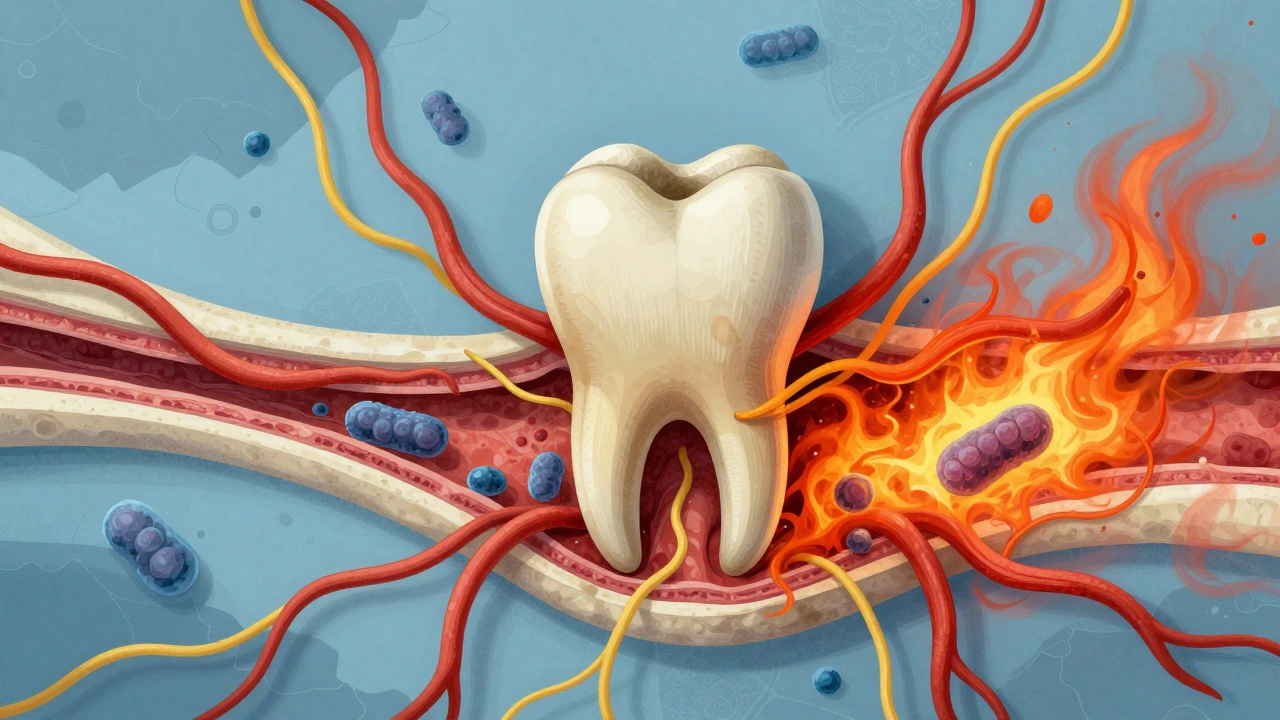 Křížový řez čelisti s infekcí šířící se z mrtvého zubu do kosti.