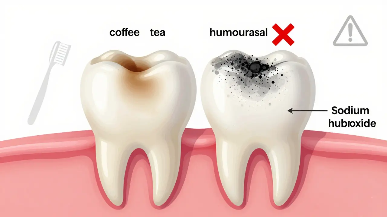 Křížový řez dvou zubů: jeden se skvrnami, druhý s odstraněnými skvrnami a fluoridem.