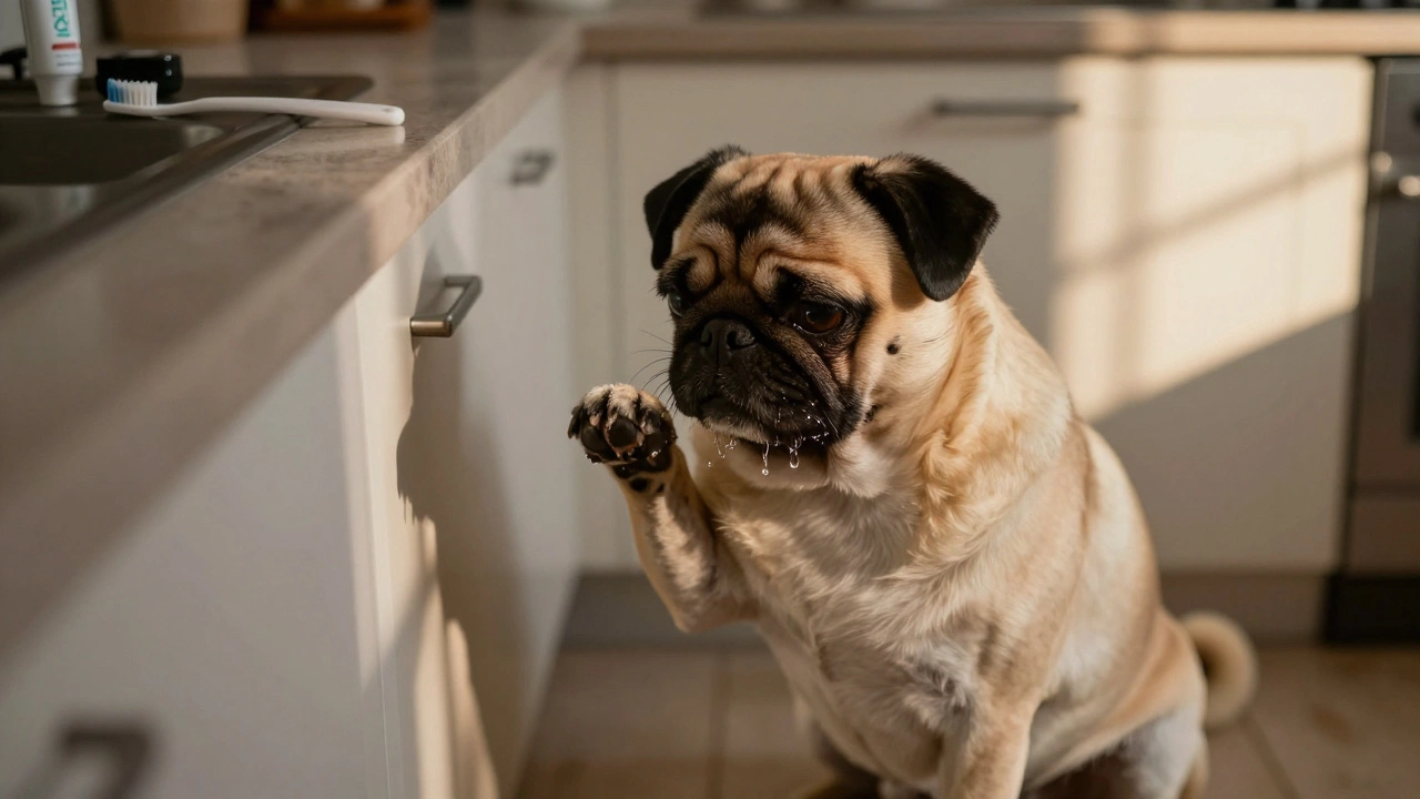 Malý pes tře tvář o zem, na pozadí zubní kartáček