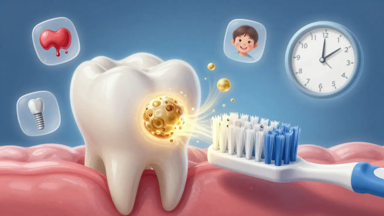 Mikro-pohled na zub s odstraňovaným plakem, vedle poškozená hlavička a ikony dásní, implantátu a dítěte.