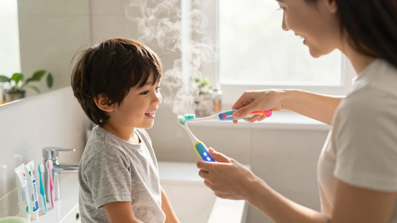 Mother and child brushing teeth together with colorful sonic toothbrush in morning light.