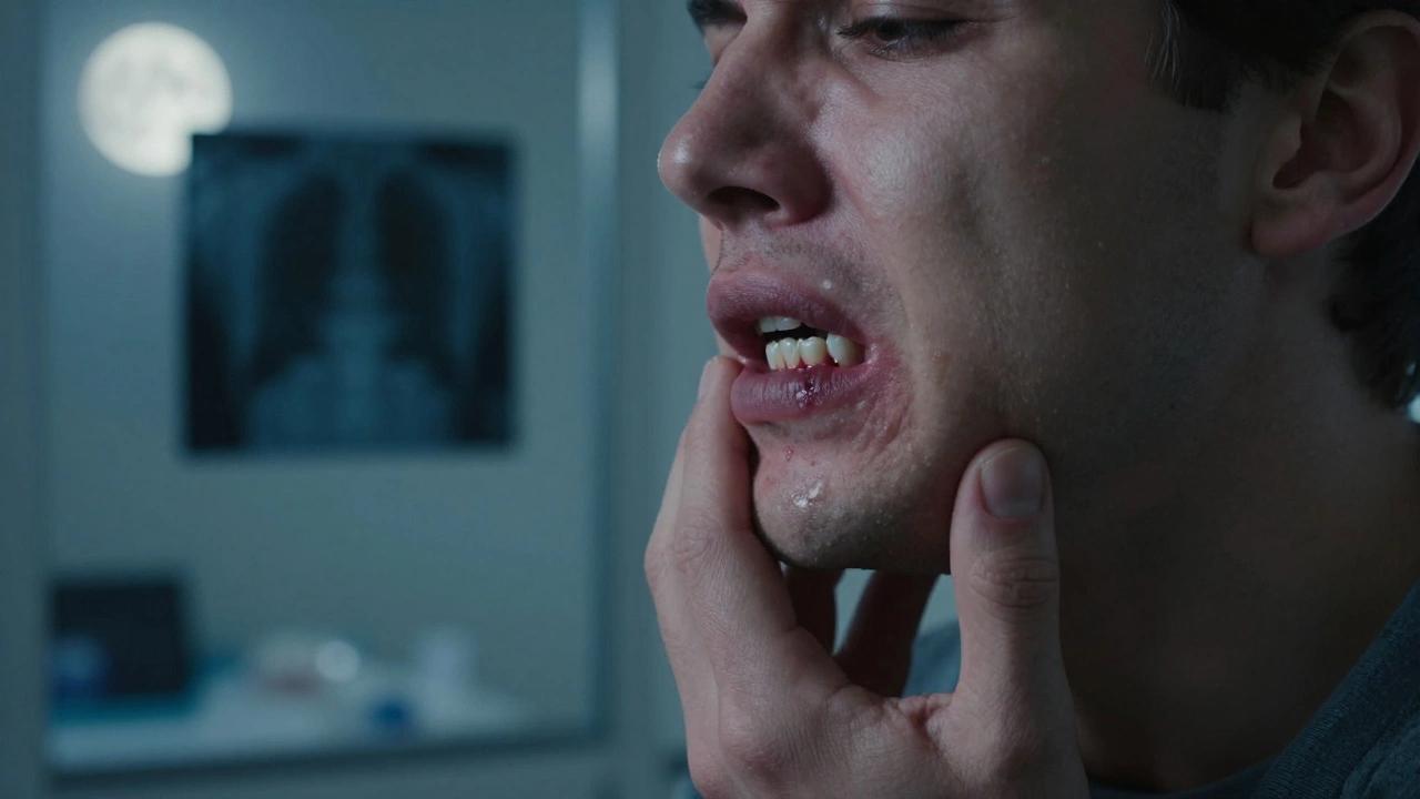 Muž drží tvář v bolesti, viditelný otok na čelisti v nočním světle.