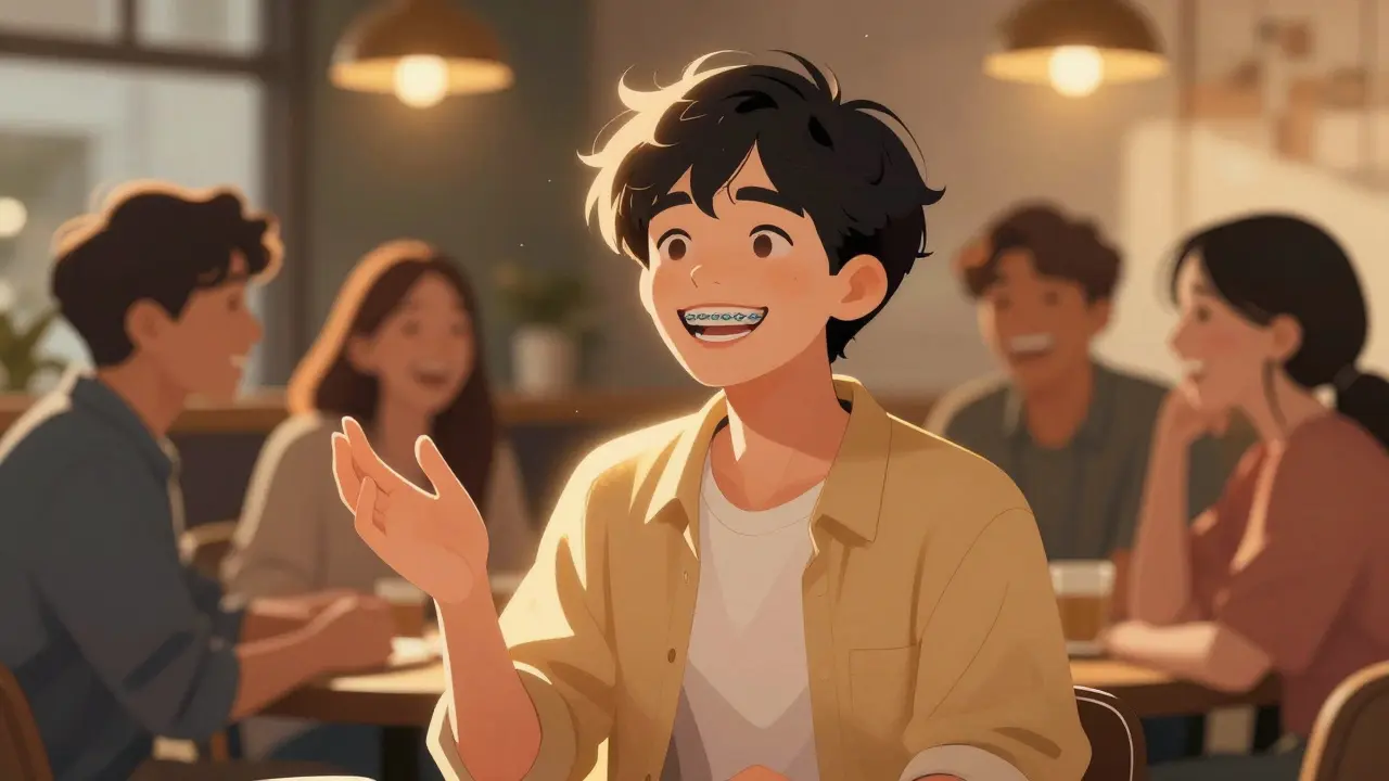 Muž se usmívá v kavárně s přáteli, jeho rovnátka svítí v teplém světle večera.