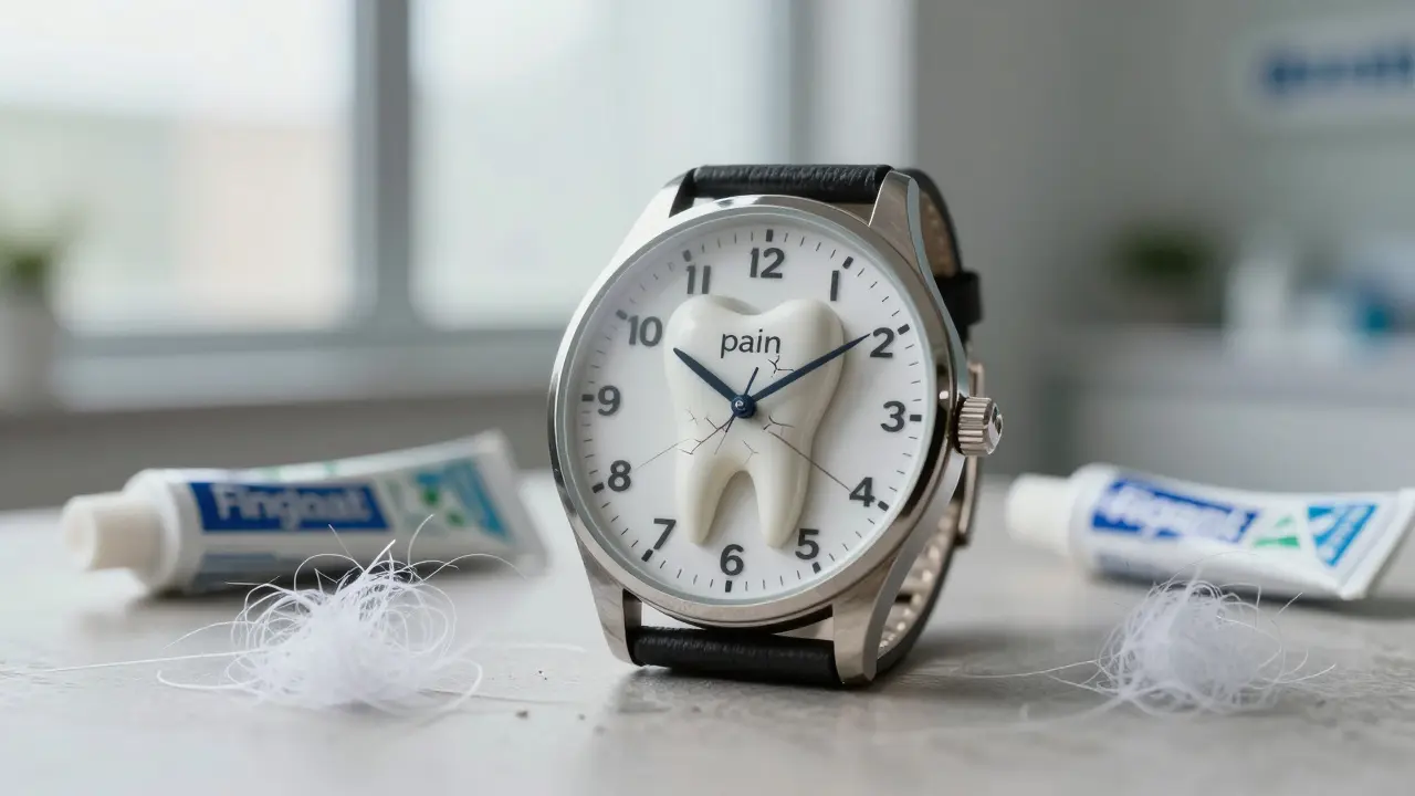 Náhrada ciferníku hodinek zubem s prasklinami, symbolizující čas jako klíčový faktor prevence.