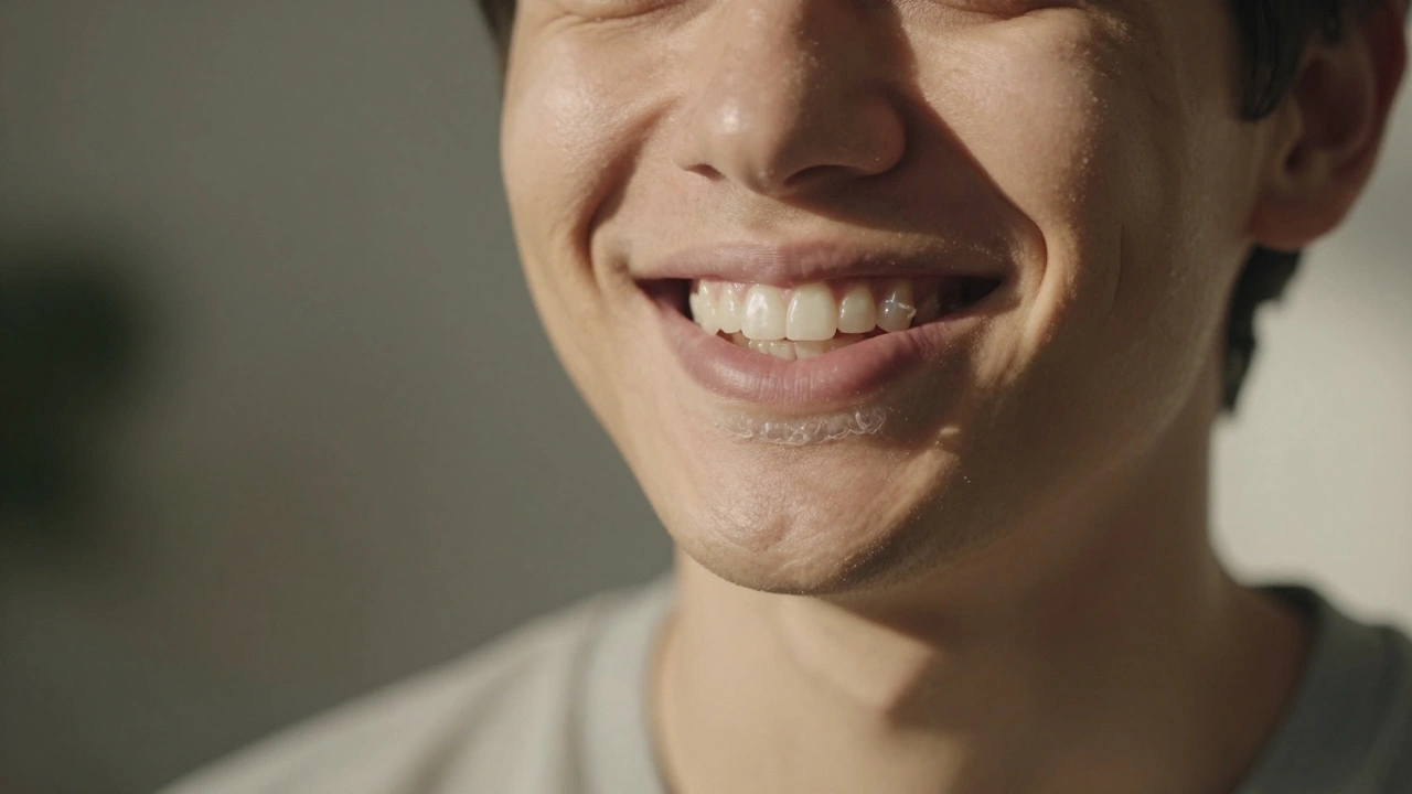 Osoba se usmívá s viditelným retentorem, symbolizující trvalou péči o úsměv.