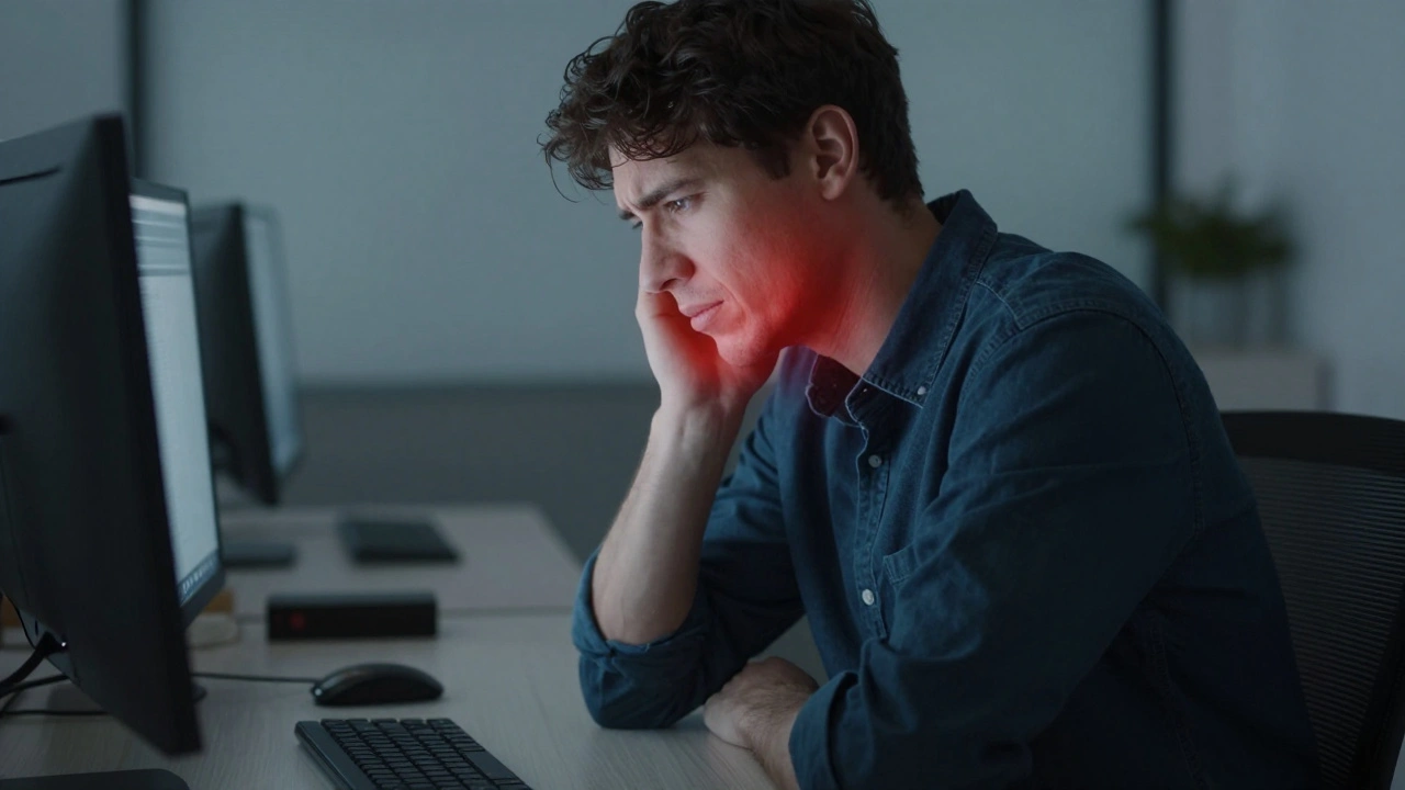 Osoba v kanceláři, kterou ruší tichá bolest zubu.