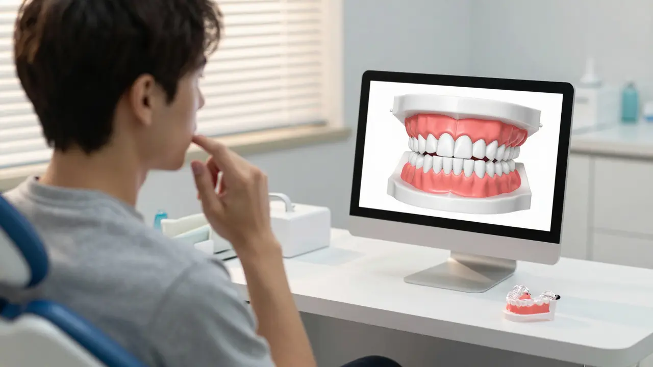 Pacientka si prohlíží 3D model svých zubů v klinice, vedle ní leží průhledné rovnáče.