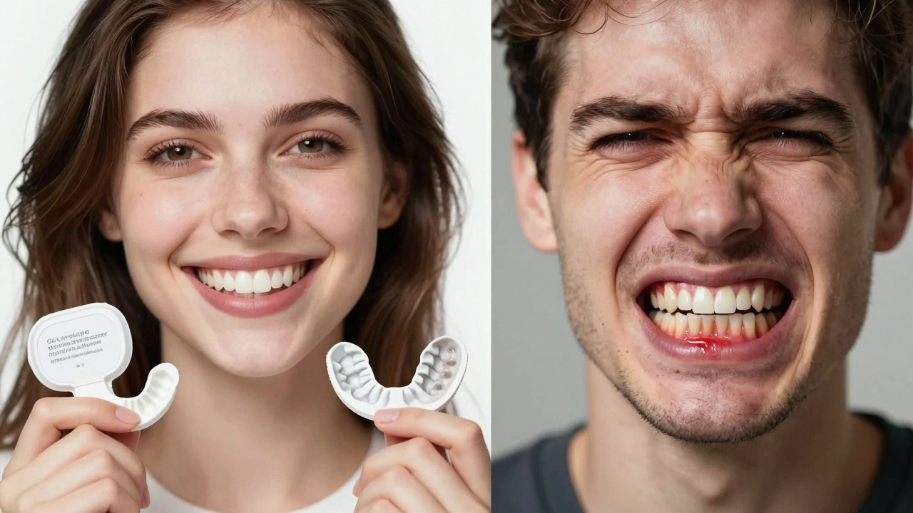 Porovnání úspěšného a špatně provedeného bělení zubů.