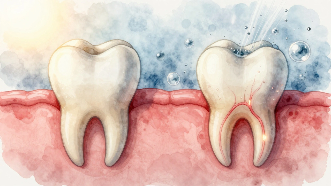 Porovnání zdravého a poškozeného zubu s vystaveným kořenem a kyselými podněty