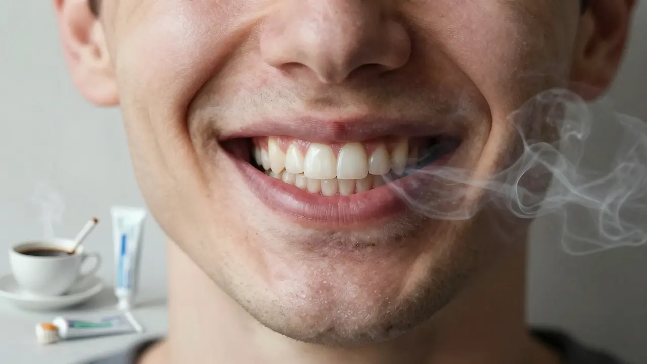 Porovnání zdravých zubů a zubů s černým kamenem a zánětem dásní.