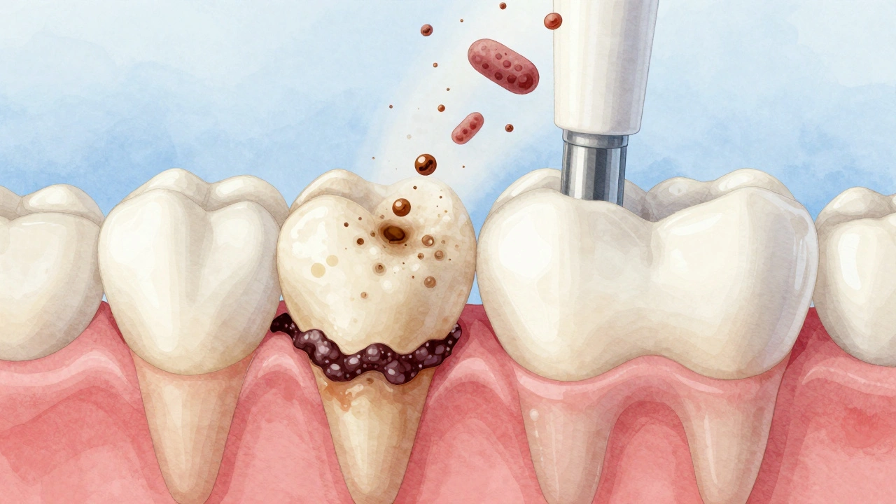 Porovnání zubu před a po pískování: tmavý plak a kámen vs. čistá sklovina.