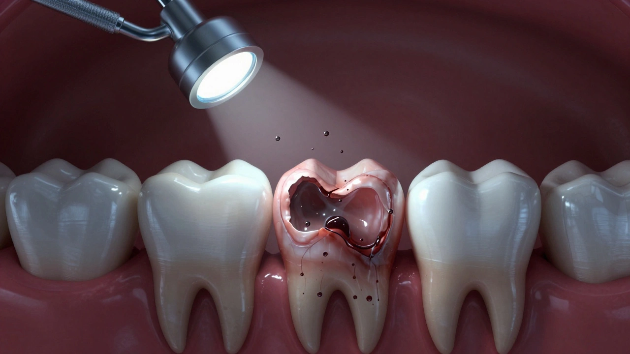 Poškozená plomba, z níž se šíří bakterie, zatímco světlo označuje zdravý zub.