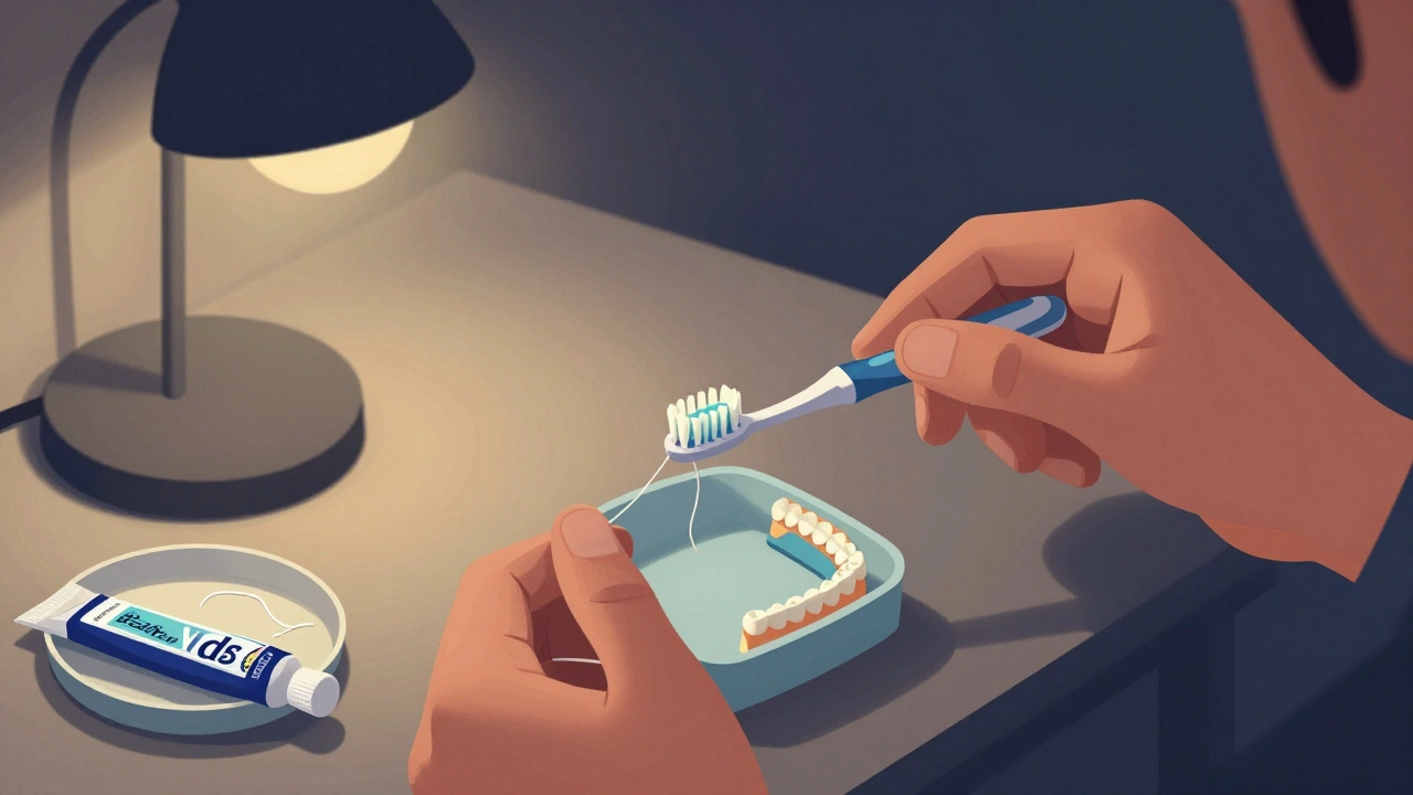 Použití interdentalního kartáčku mezi drátky a zuby večer.