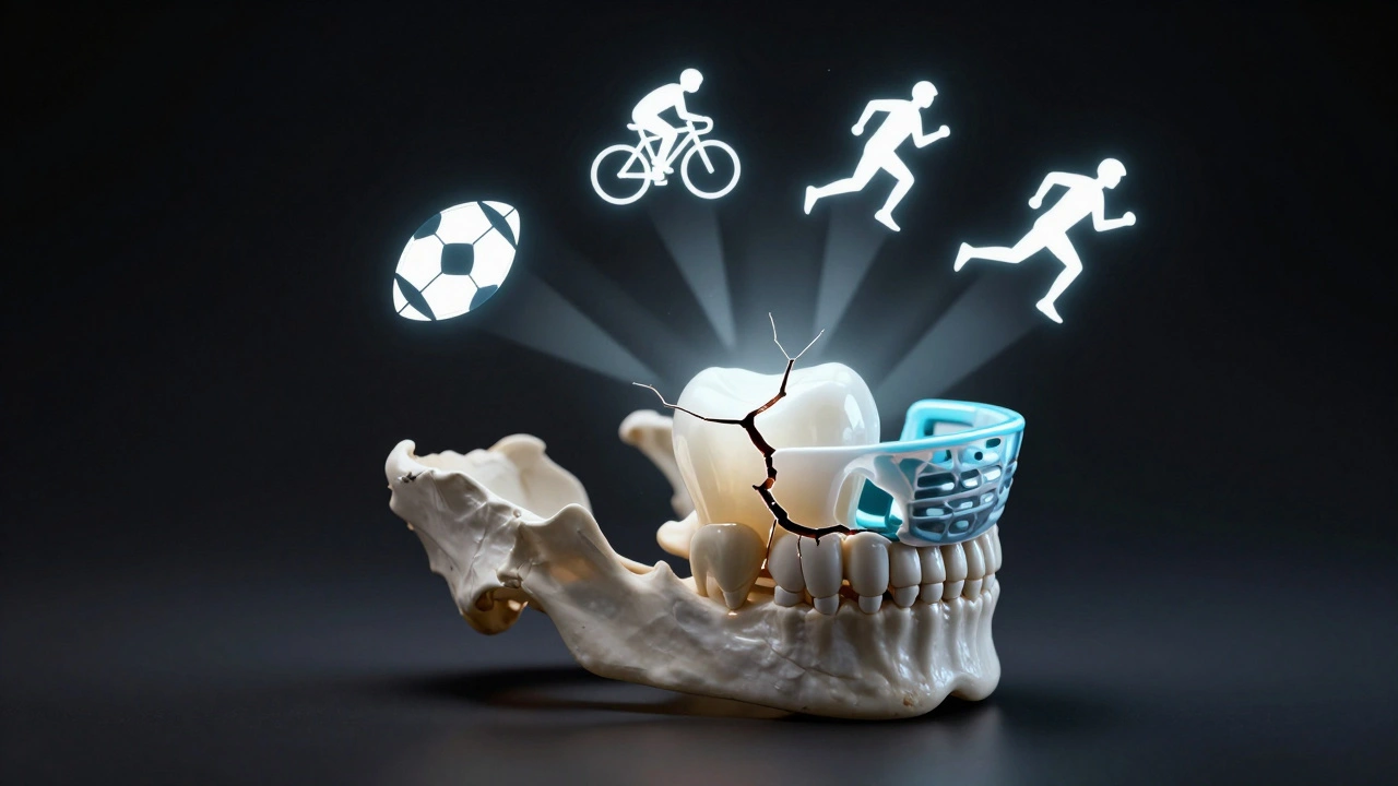 Prasklina v zubní sklovině s obrázky sportů a štítem, který ji blokuje jako štít.