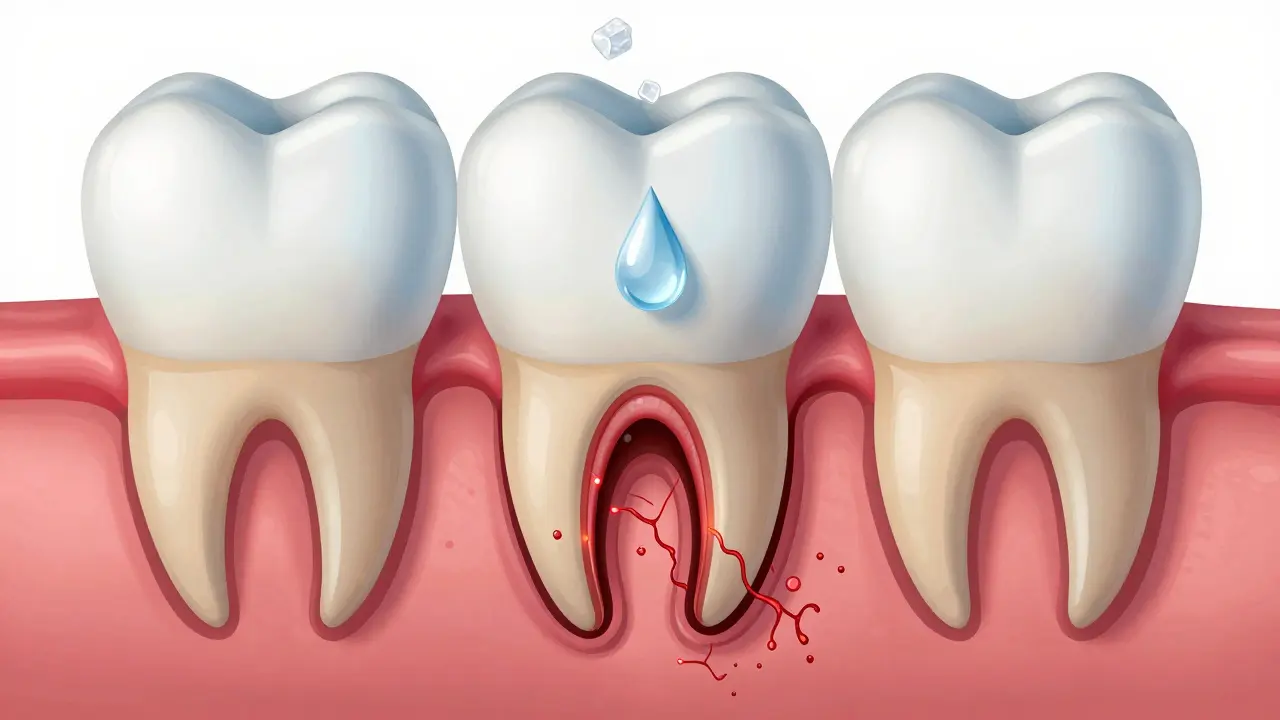 Příčný řez zubem ukazující postup kazů od sklovinky k dentinu a blížící se nerv.