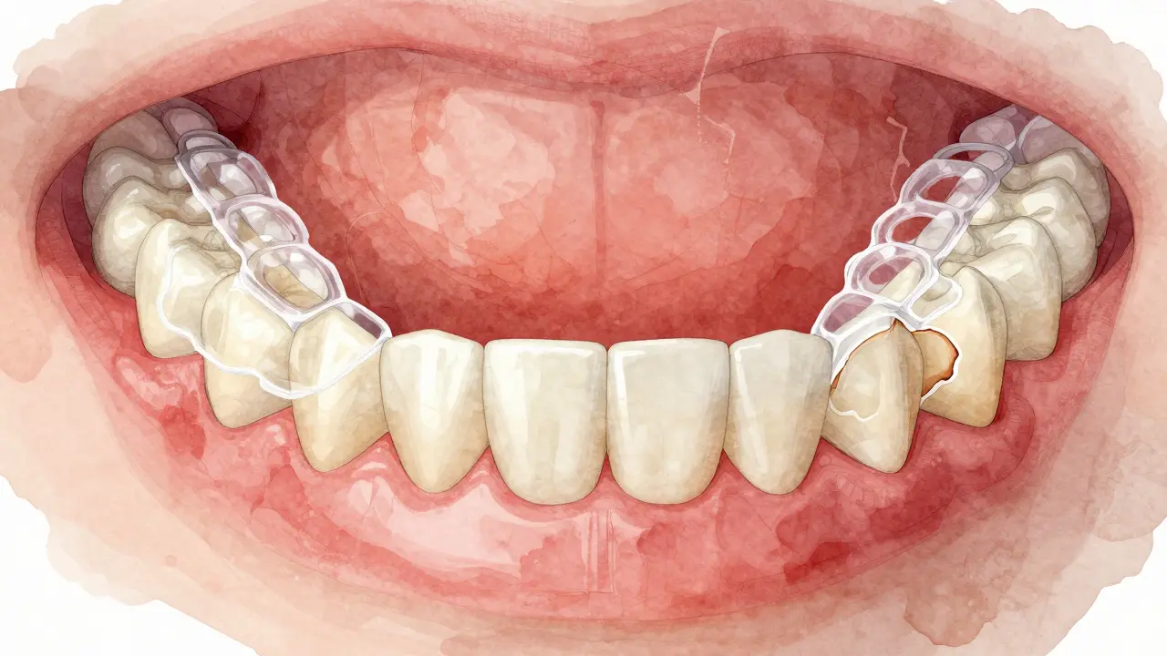 Průřez čelistí s průhlednými rovnátky, které rozloží tlak mezi zuby a zabrání opotřebení skloviny.