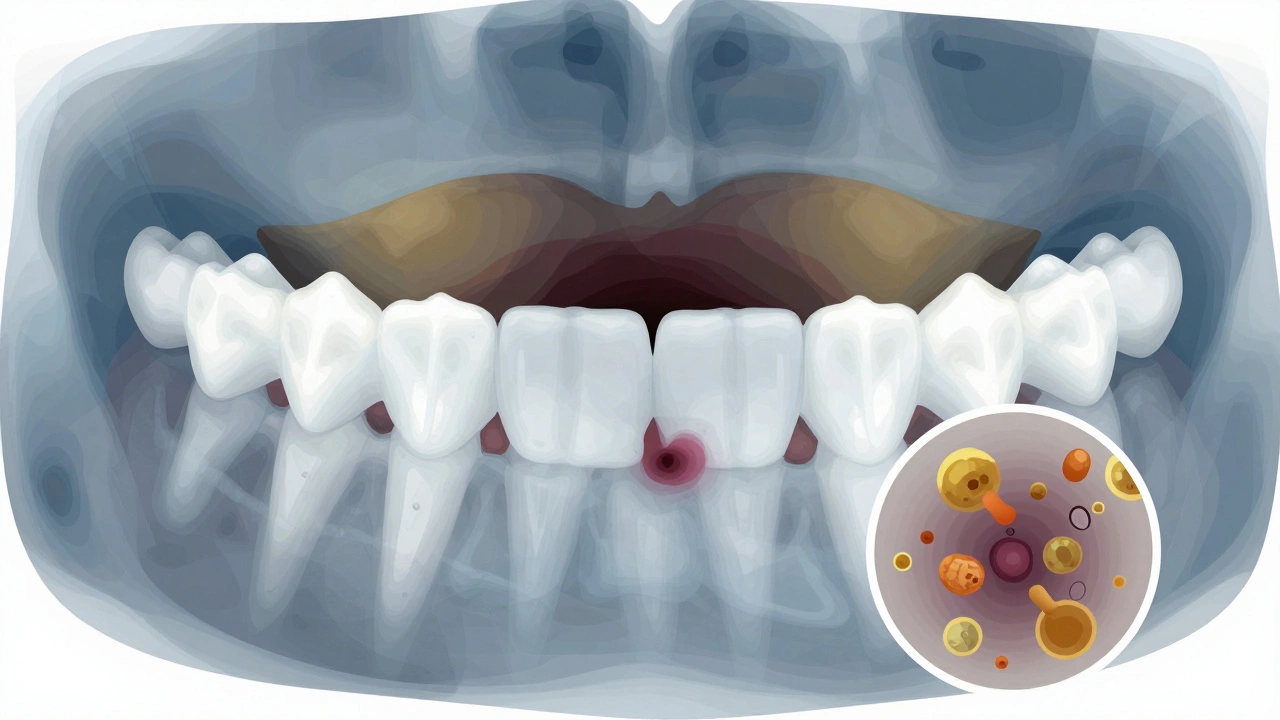 Rentgenový snímek čelisti s viditelným kazem mezi zuby a bakteriemi erodujícími sklovinku.