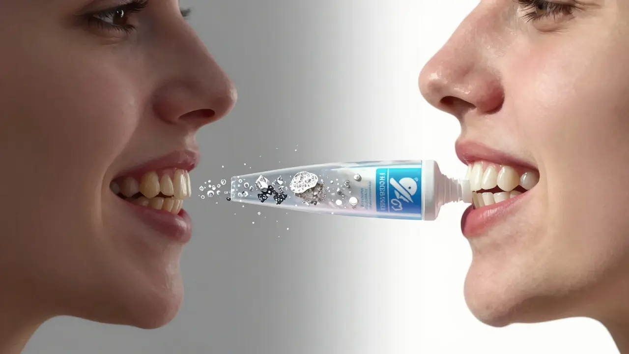 Rozdělená tvář: jedna strana s žlutými zuby, druhá s bílejšími, oddělená prvkem zubní pasty.