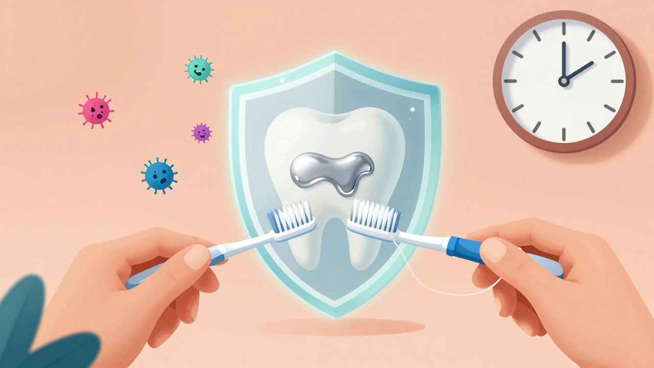 Ruce čistící zuby štětečkem a nití, s ochranným štítem kolem zubu.