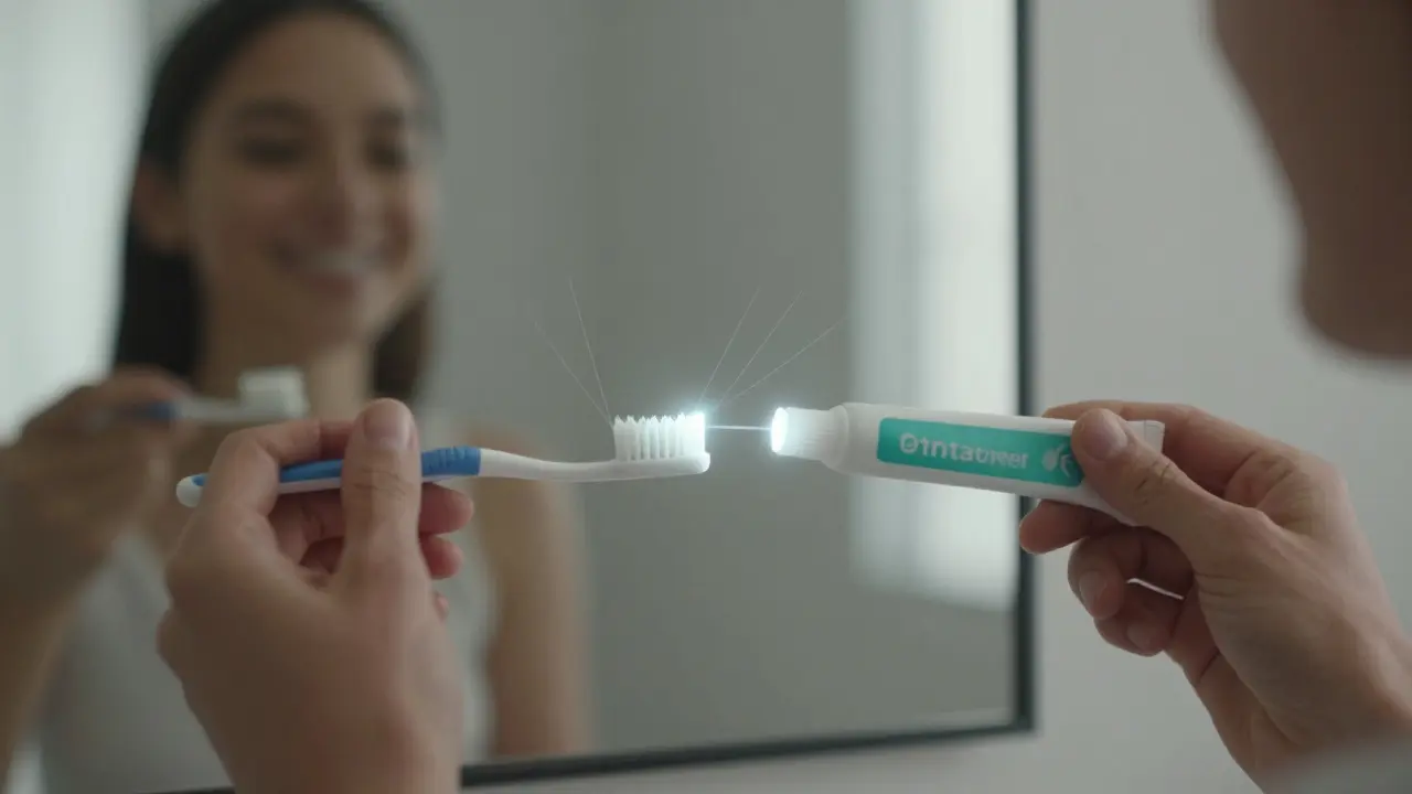 Ruce drží bělicí fólii a kartáček, s jemným zářením kolem zubů.